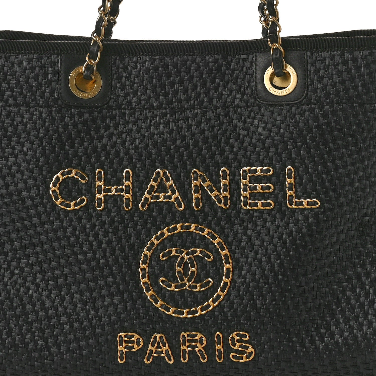 Chanel Straw Raffia Calfskin Chain Small Deauville Tote Black 8 of 12
