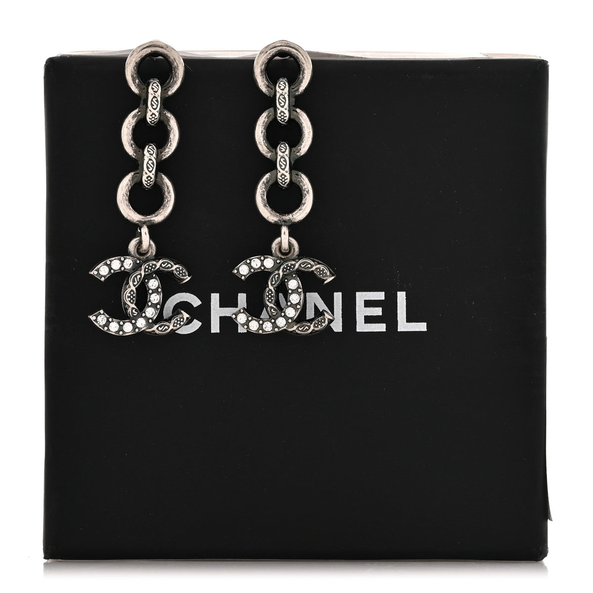 Chanel Crystal CC Chain Drop Earrings Silver 5 of 5