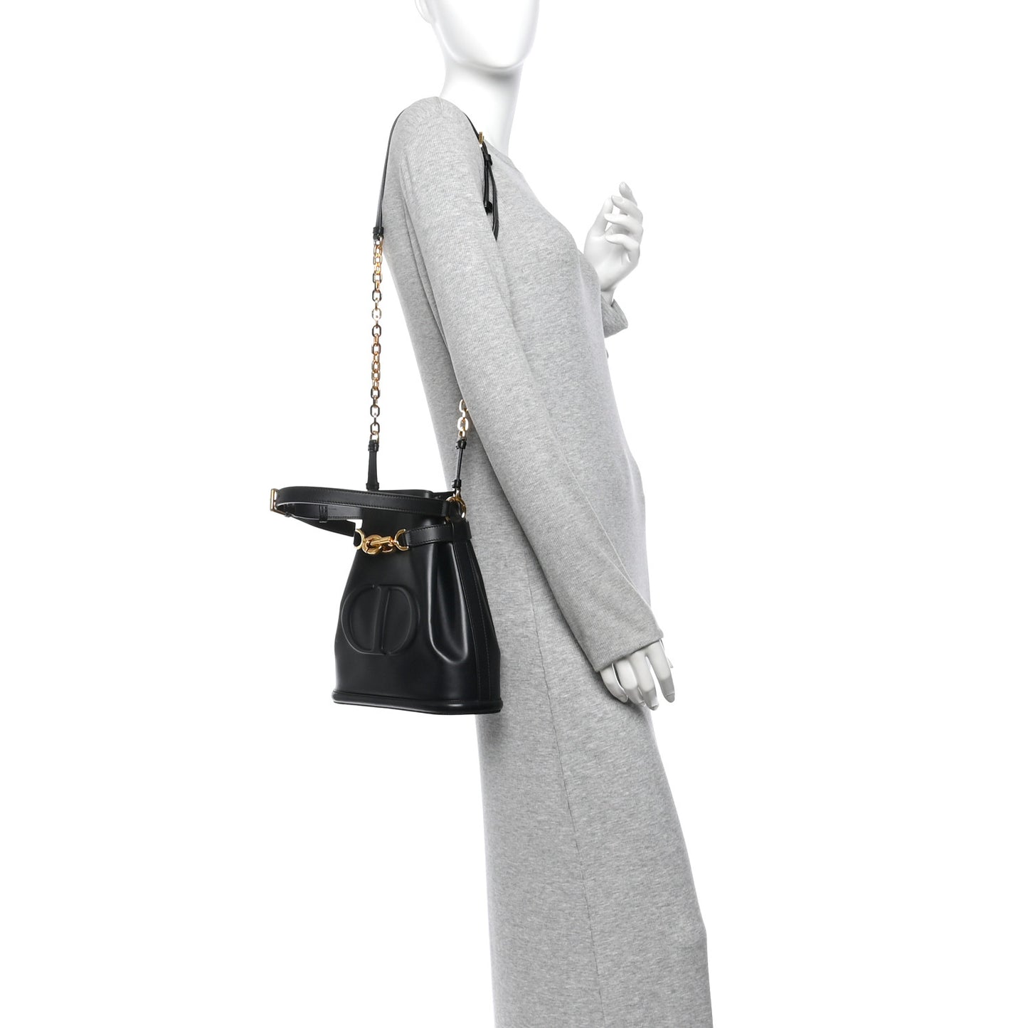 Calfskin CD Embossed Medium C'est Chain Bucket Bag Black