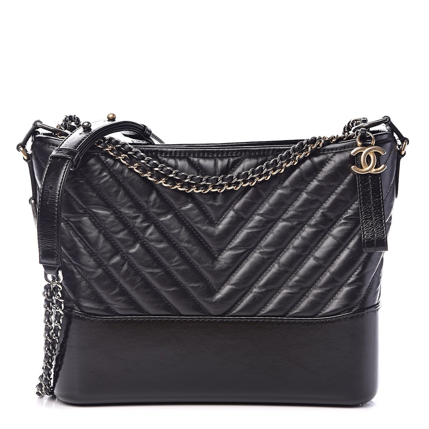 Aged Calfskin Chevron Quilted Medium Gabrielle Hobo Black