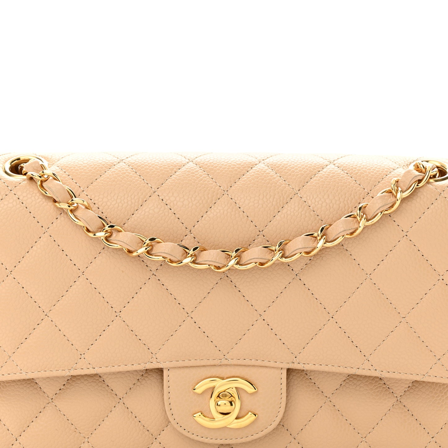 Caviar Quilted Medium Double Flap Beige