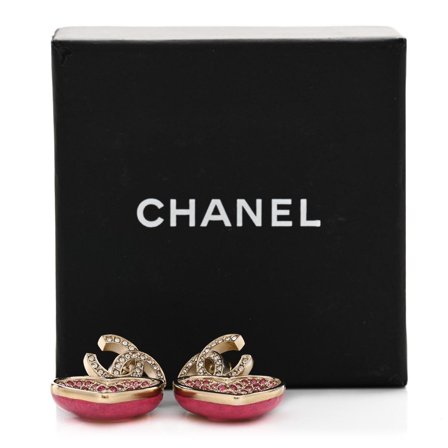 Chanel Crystal CC Resin Heart Drop Earrings Pink Gold 6 of 6