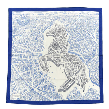 Hermes Cashmere Silk La Cite Cavaliere Shawl 140 Bleu Roy White Encre 1 of 4
