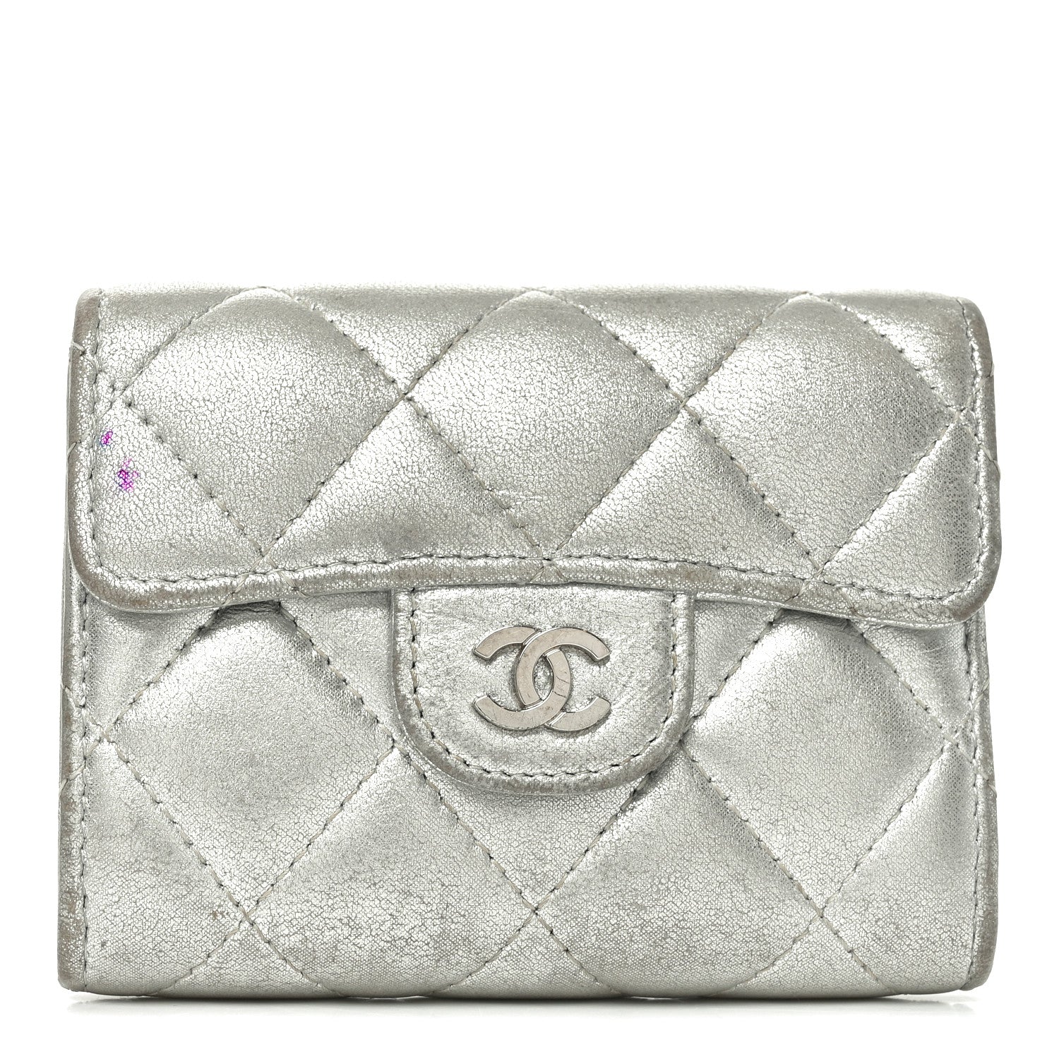 Chanel Metallic Lambskin Quilted Flap Card Holder Wallet Silver 1 of 11