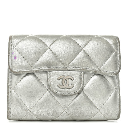 Chanel Metallic Lambskin Quilted Flap Card Holder Wallet Silver 1 of 11
