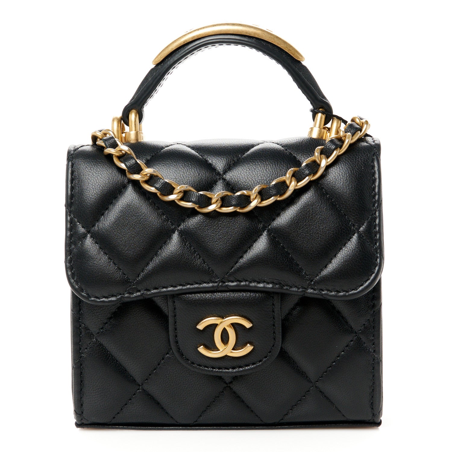 Chanel Lambskin Quilted Metal Top Handle Flap Clutch With Chain Black 1 of 12