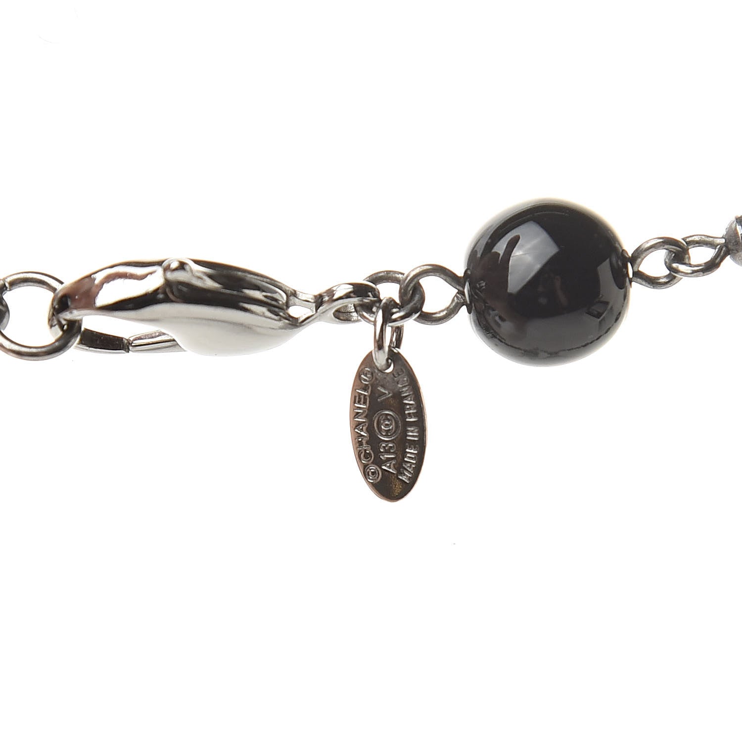 Chanel Pearl Bead Enamel CC Long Necklace Silver Black Grey 4 of 5