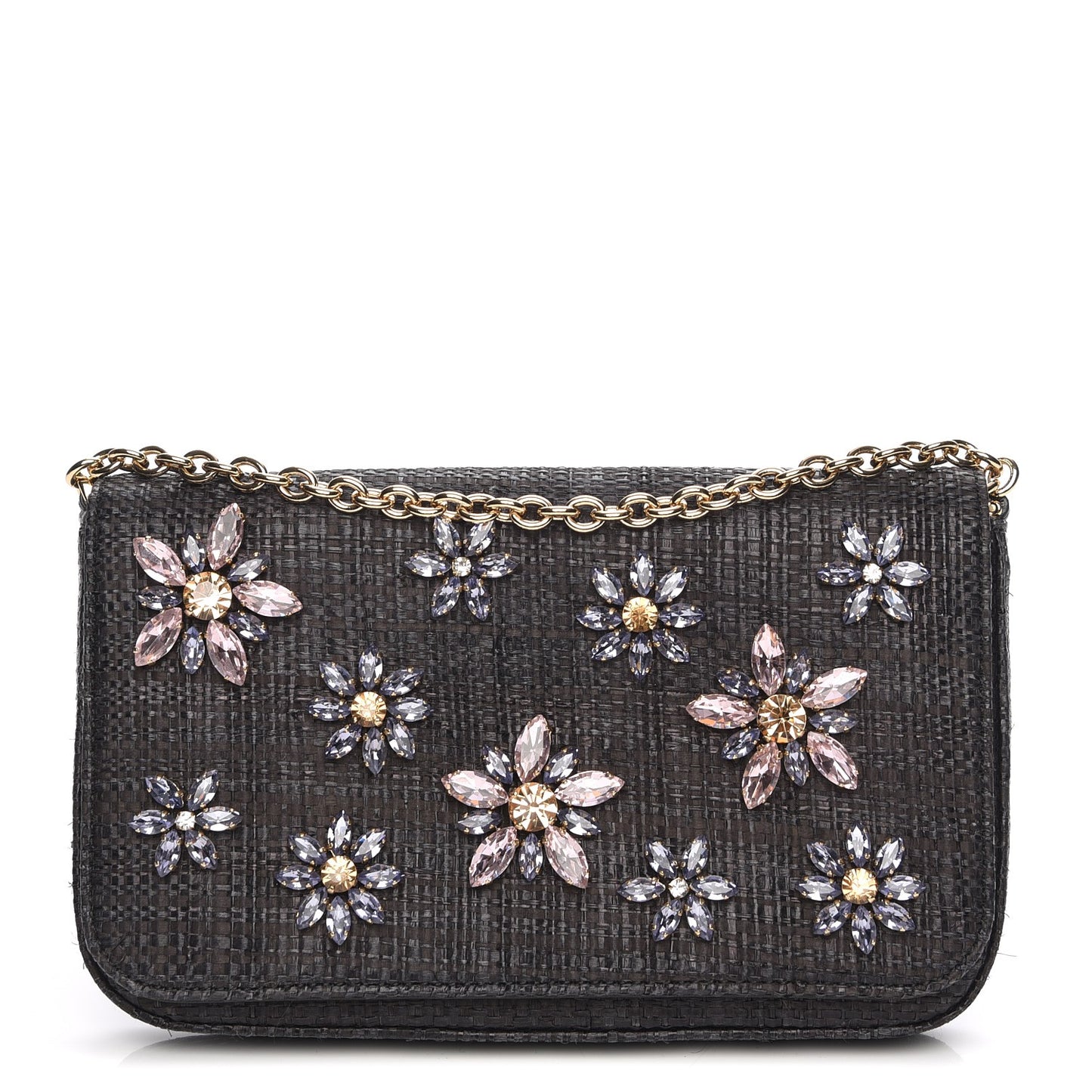 Raffia Crystal Embellished Chain Clutch Black