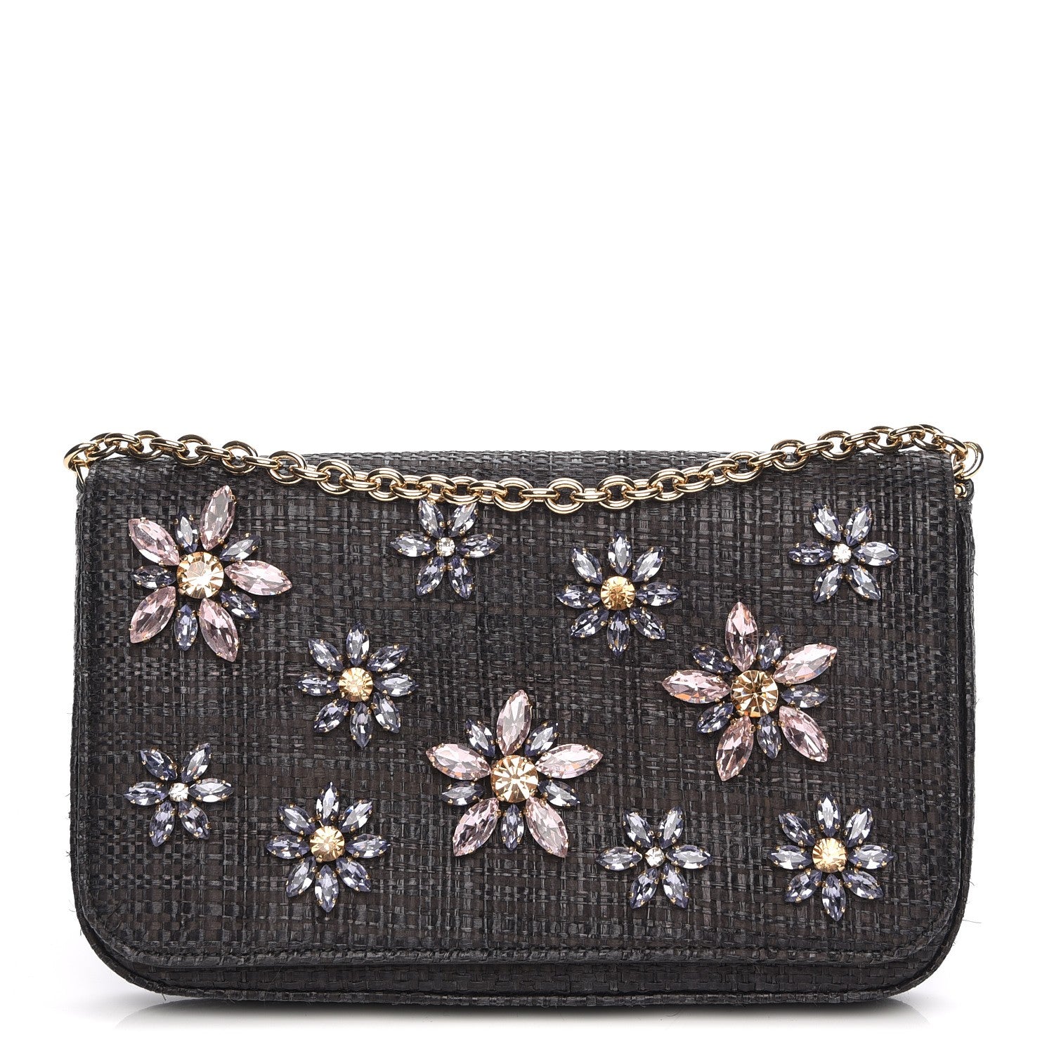 Dolce & Gabbana Raffia Crystal Embellished Chain Clutch Black 1 of 6
