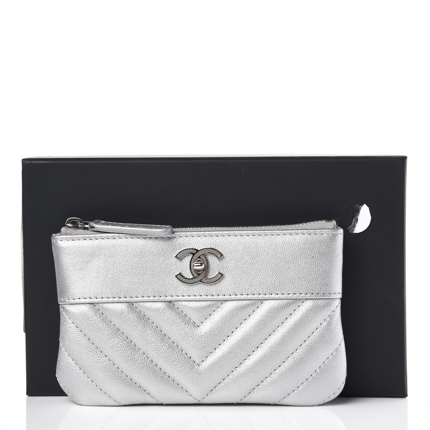 Metallic Sheepskin Chevron Quilted Small Vintage Mademoiselle Cosmetic Case Silver