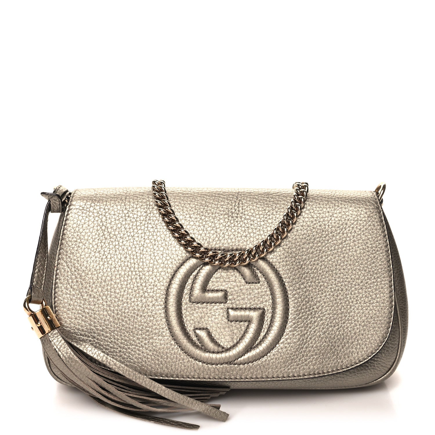 Gucci Metallic Pebbled Calfskin Medium Soho Flap Crossbody New Golden Beige 1 of 11