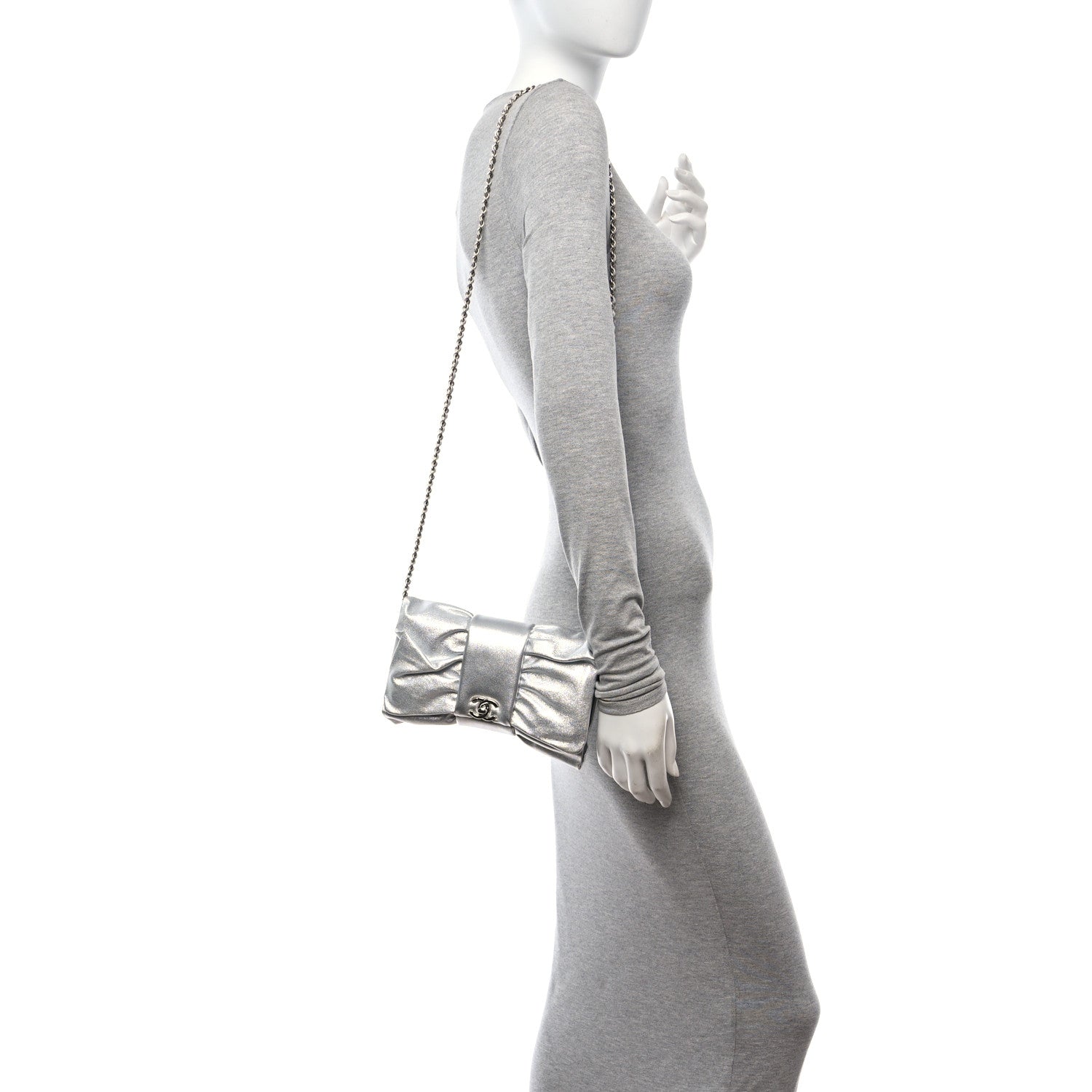 Chanel Metallic Lambskin Tie My Bow Flap Clutch With Chain Silver 2 of 10