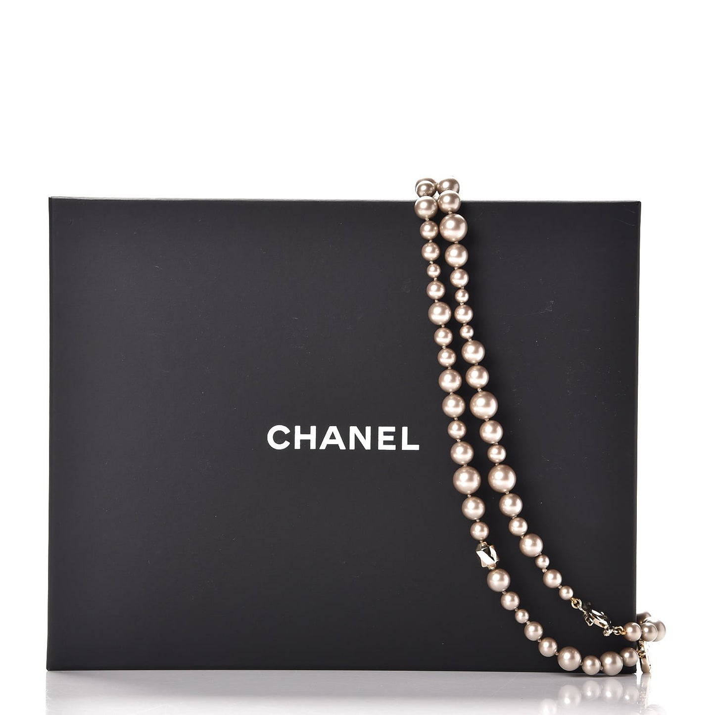 Resin Pearl CC Long Necklace in Golden Pearly Beige