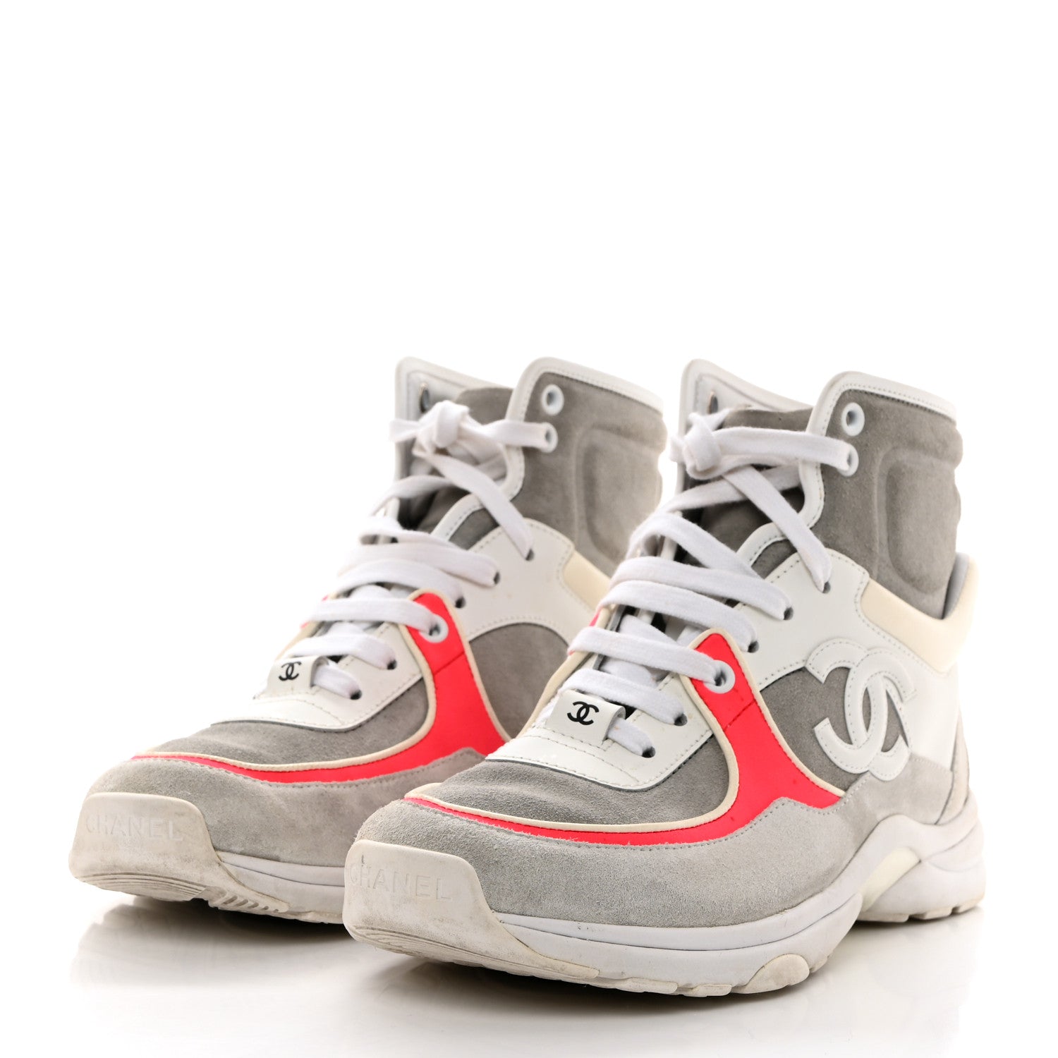 Chanel Suede Calfskin Lambskin Neoprene High Top CC Sneakers 37 White Fluo Pink Grey 3 of 8