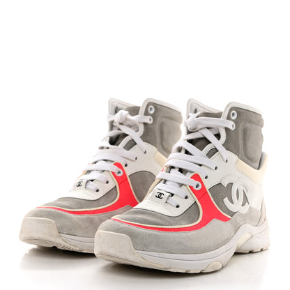 Chanel Suede Calfskin Lambskin Neoprene High Top CC Sneakers 37 White Fluo Pink Grey 3 of 8