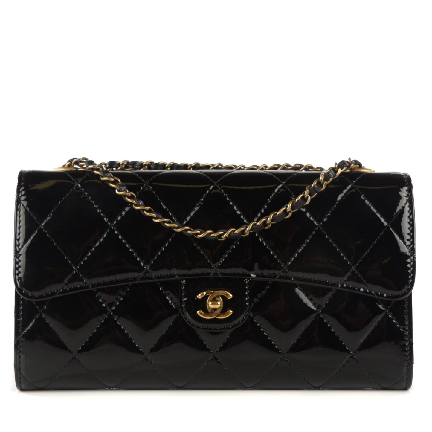 Patent Goatskin Quilted CC Eyelet Wallet On Chain Black