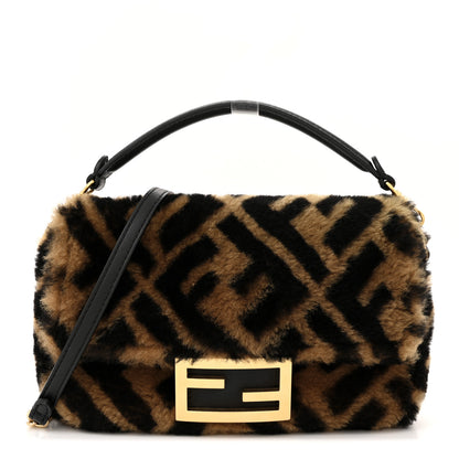 Fendi Shearling Vitello Dolce Macro FF 1974 Mini Baguette Tobacco Black 1 of 10