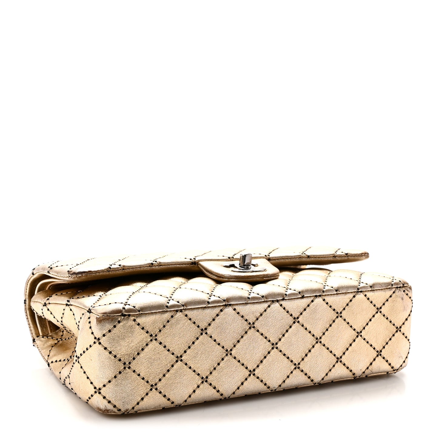Metallic Washed Lambskin Quilted Medium Double Flap Dark Gold Black