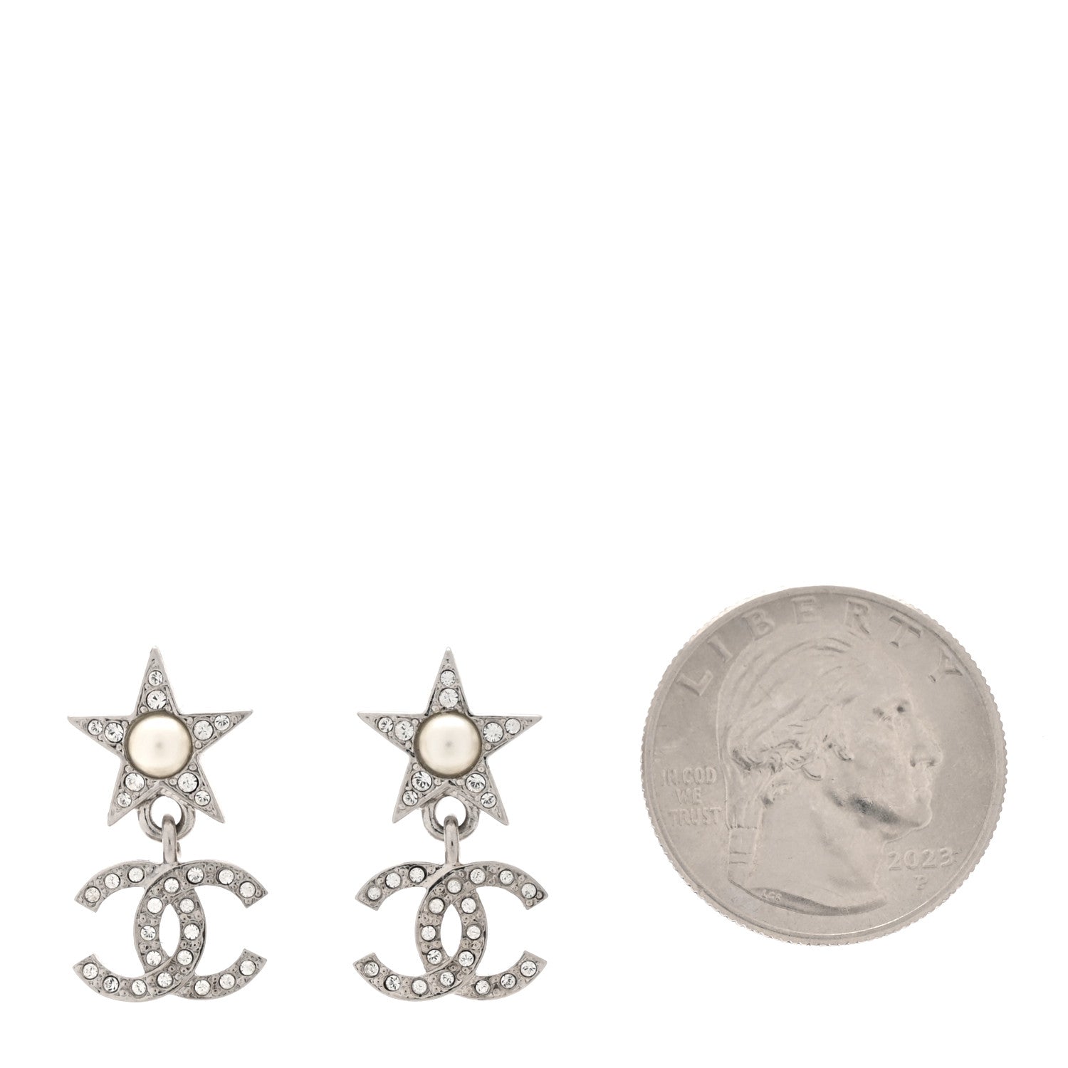 Chanel Crystal CC Pearl Star Drop Earrings Silver 2 of 5