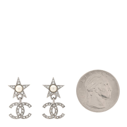 Chanel Crystal CC Pearl Star Drop Earrings Silver 2 of 5