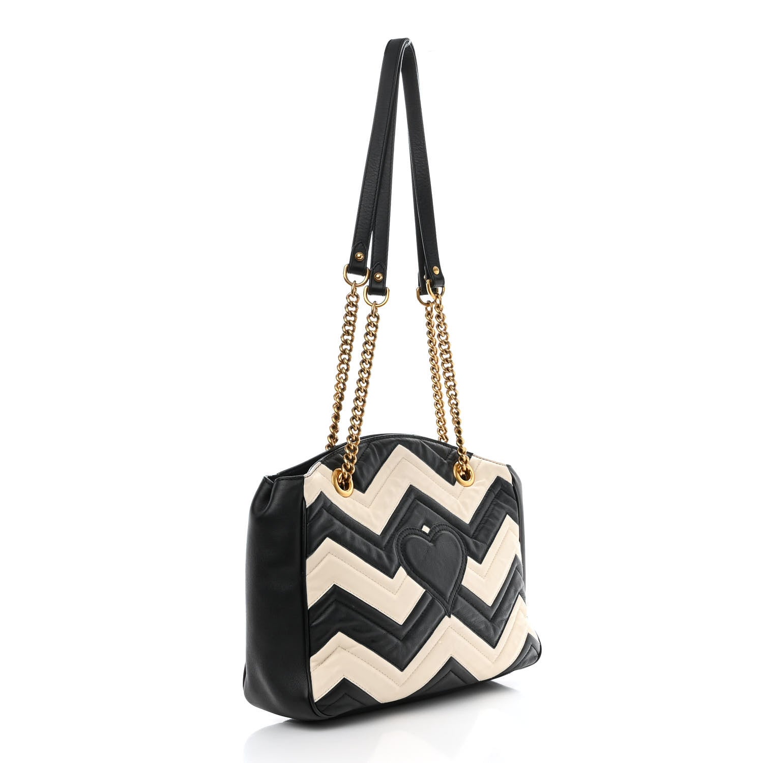 Gucci Calfskin Matelasse Medium GG Marmont Open Top Shoulder Bag Black White 3 of 12