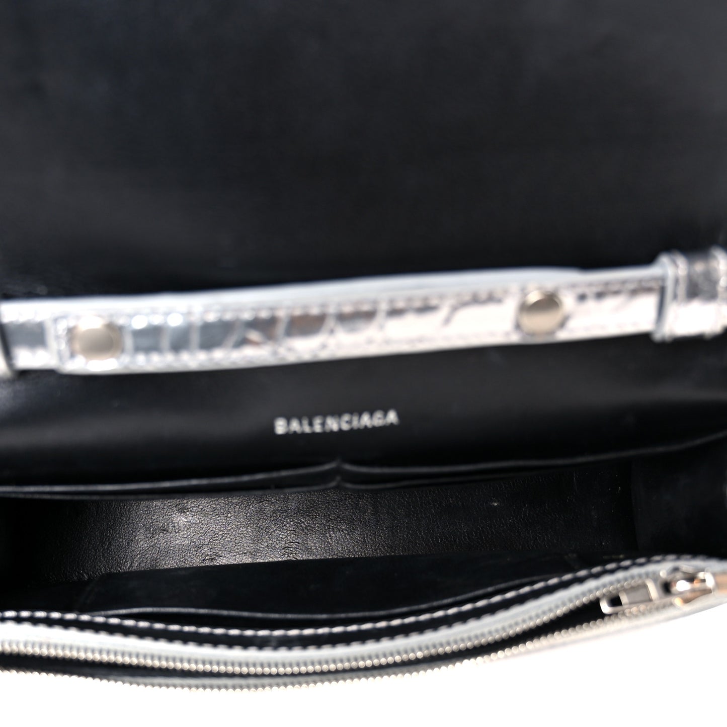 Shiny Calfskin Crocodile Embossed Hourglass Chain Bag Silver