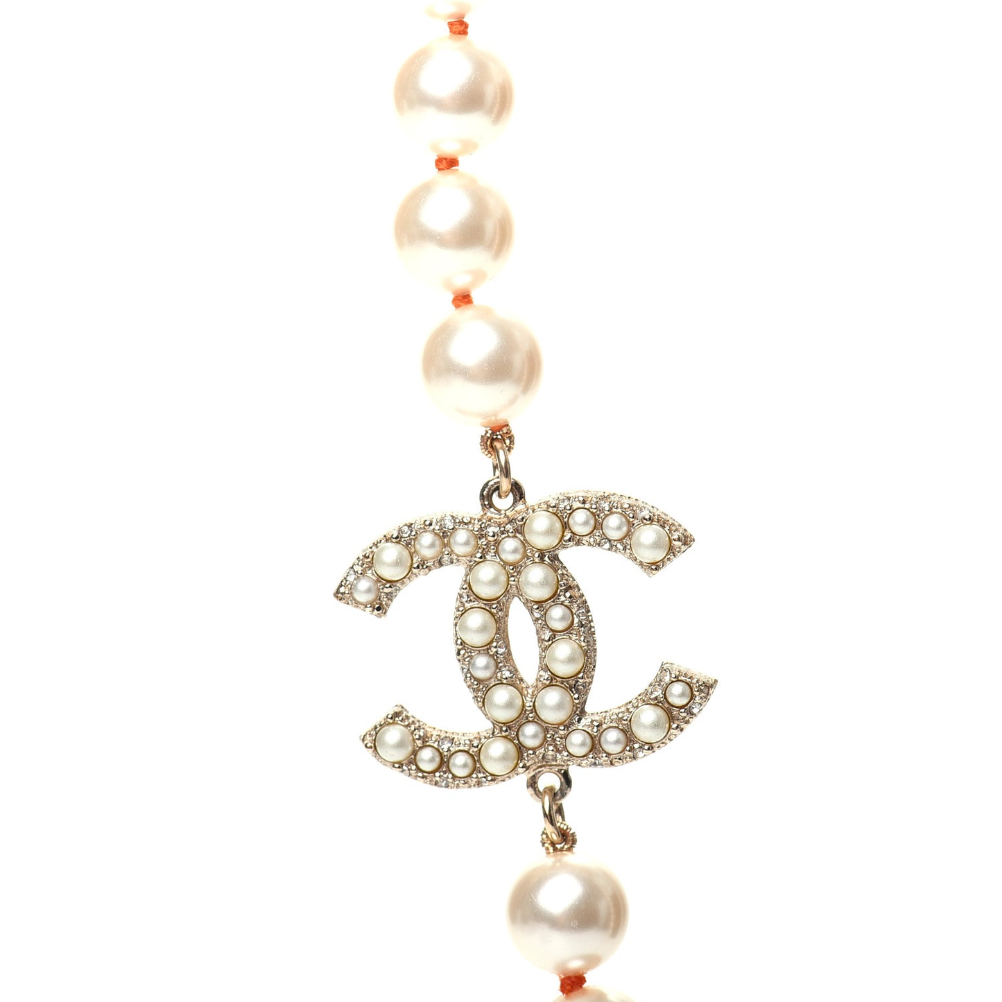 Pearl Crystal Gripoix CC Long Necklace Gold Pearly White Orange