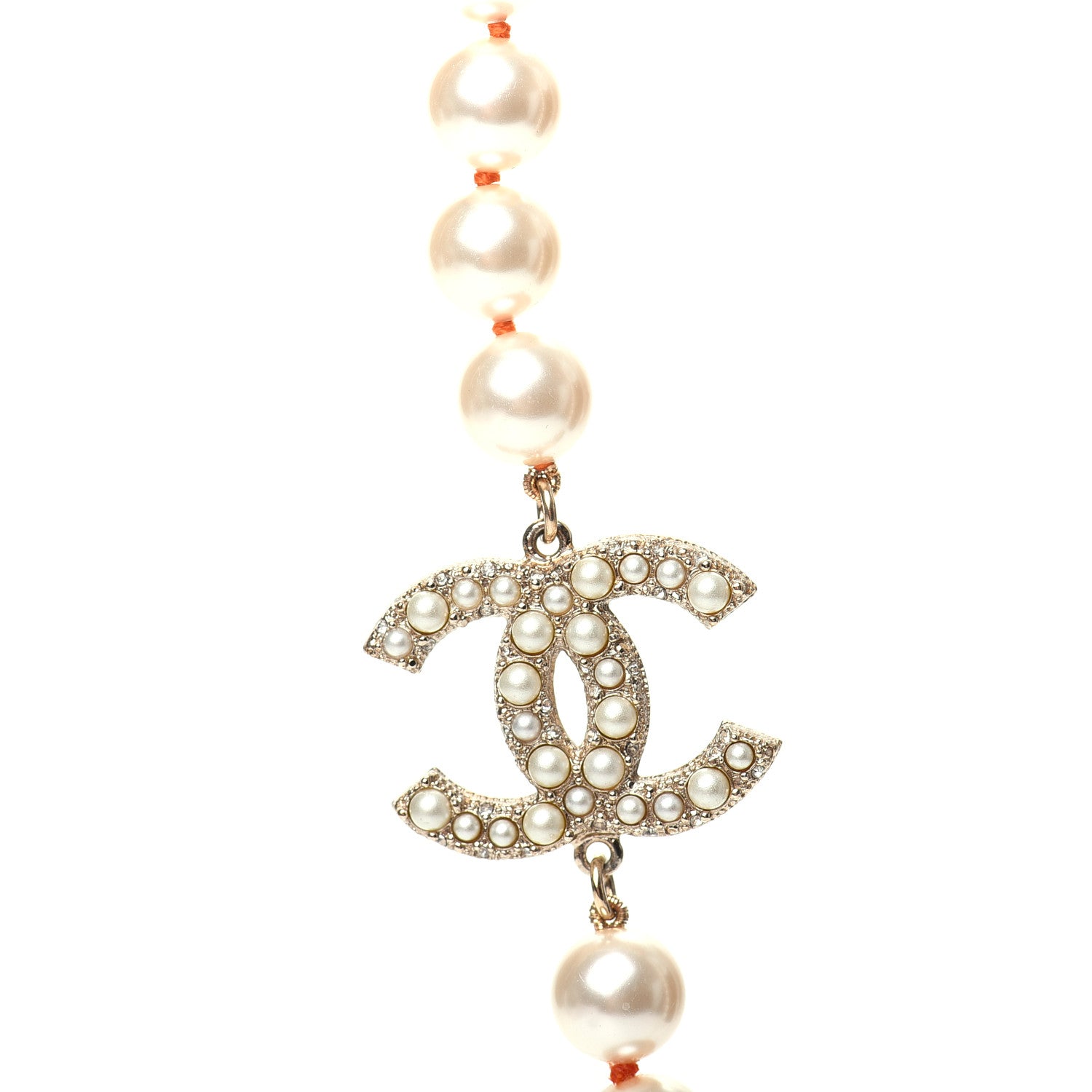 Chanel Pearl Crystal Gripoix CC Long Necklace Gold Pearly White Orange 5 of 6