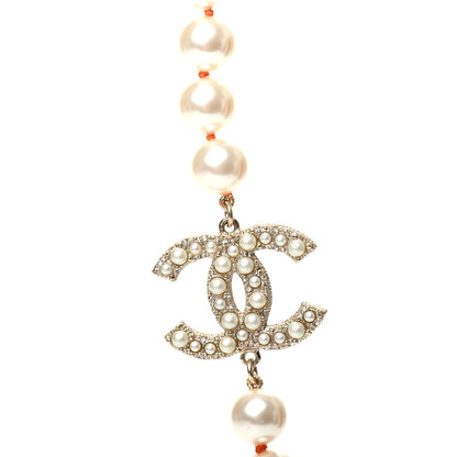 Chanel Pearl Crystal Gripoix CC Long Necklace Gold Pearly White Orange 5 of 6