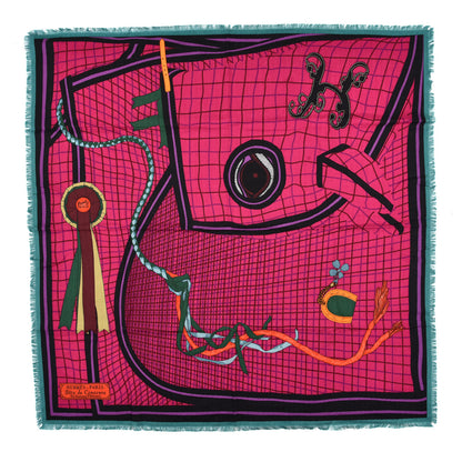 Hermes Cashmere Silk Bete De Concours Scarf 90 Fuchsia Vert Mauve 1 of 4