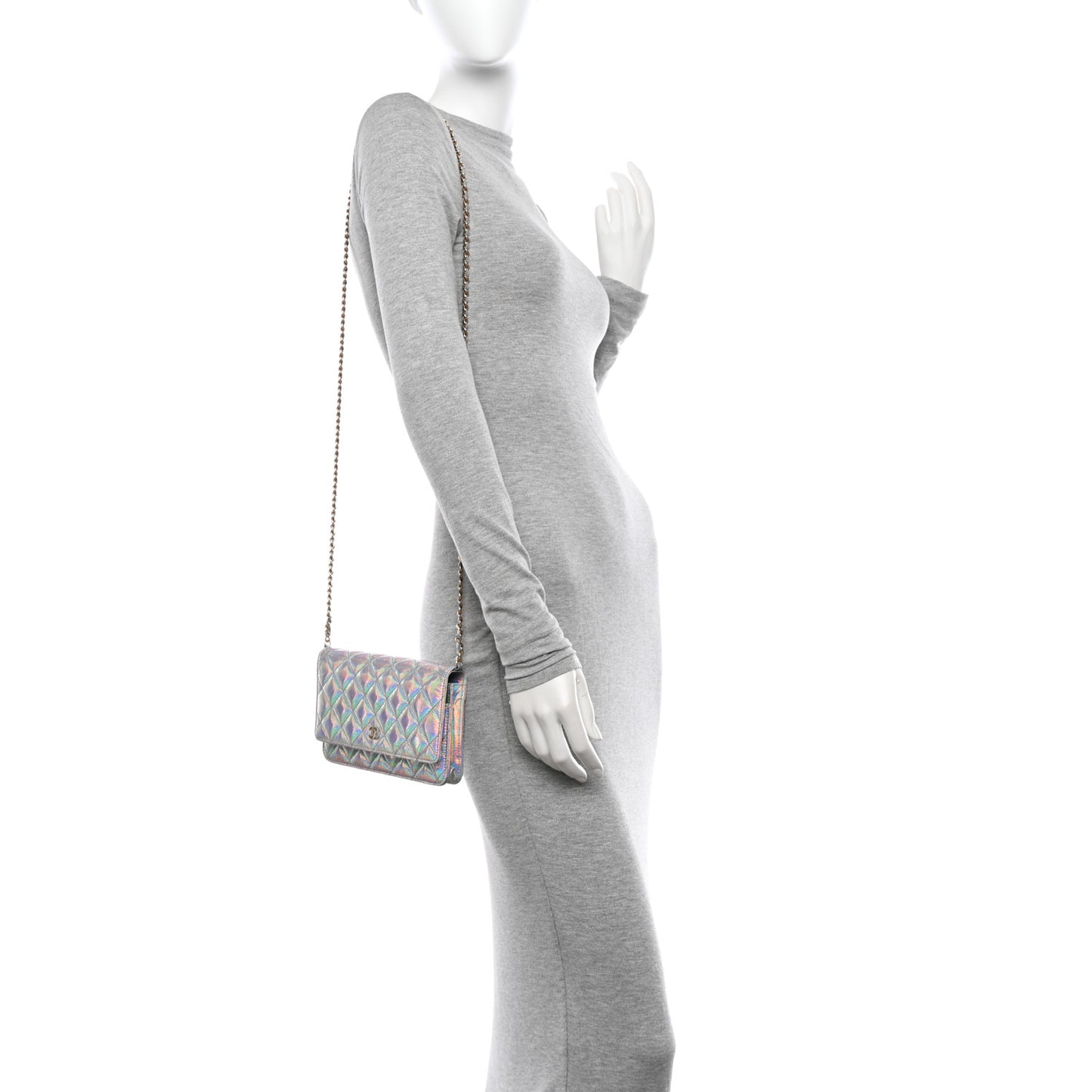 Iridescent Goatskin Quilted Wallet On Chain WOC Silver