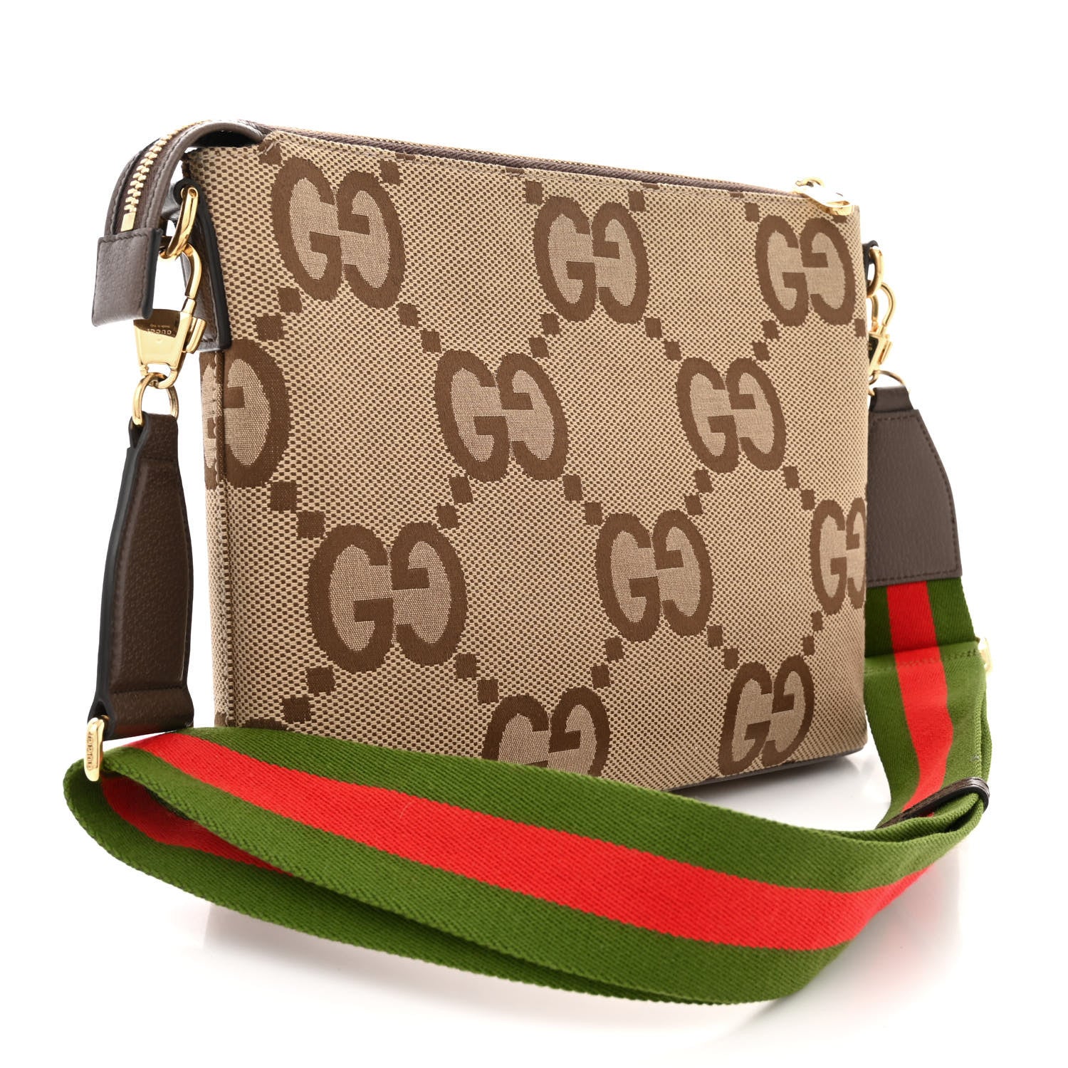 Gucci Monogram Jumbo GG Textured Dollar Calfskin Web Wristlet Messenger Bag Camel Ebony New Acero 3 of 14