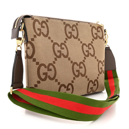 Gucci Monogram Jumbo GG Textured Dollar Calfskin Web Wristlet Messenger Bag Camel Ebony New Acero 3 of 14