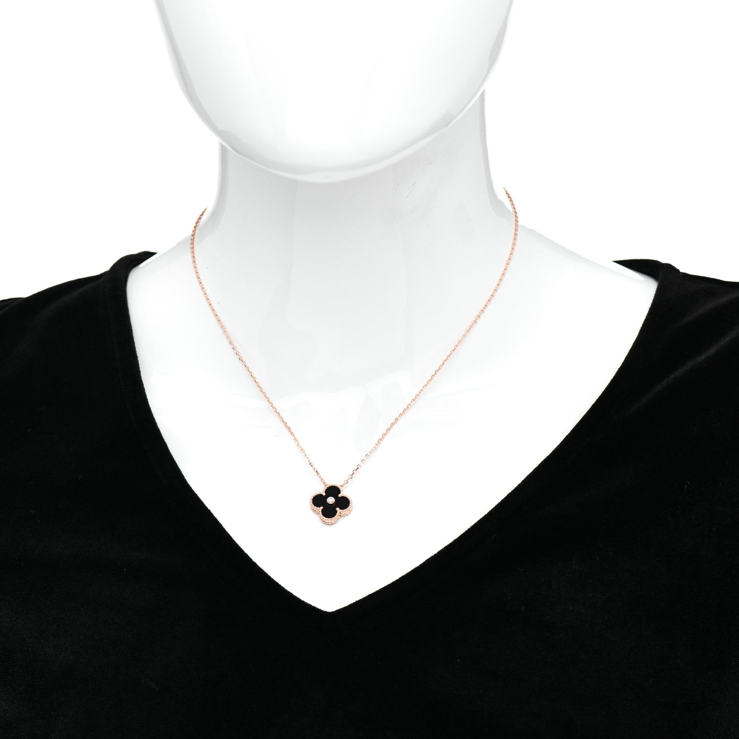 18K Rose Gold Diamond Black Onyx Vintage Alhambra Pendant Necklace