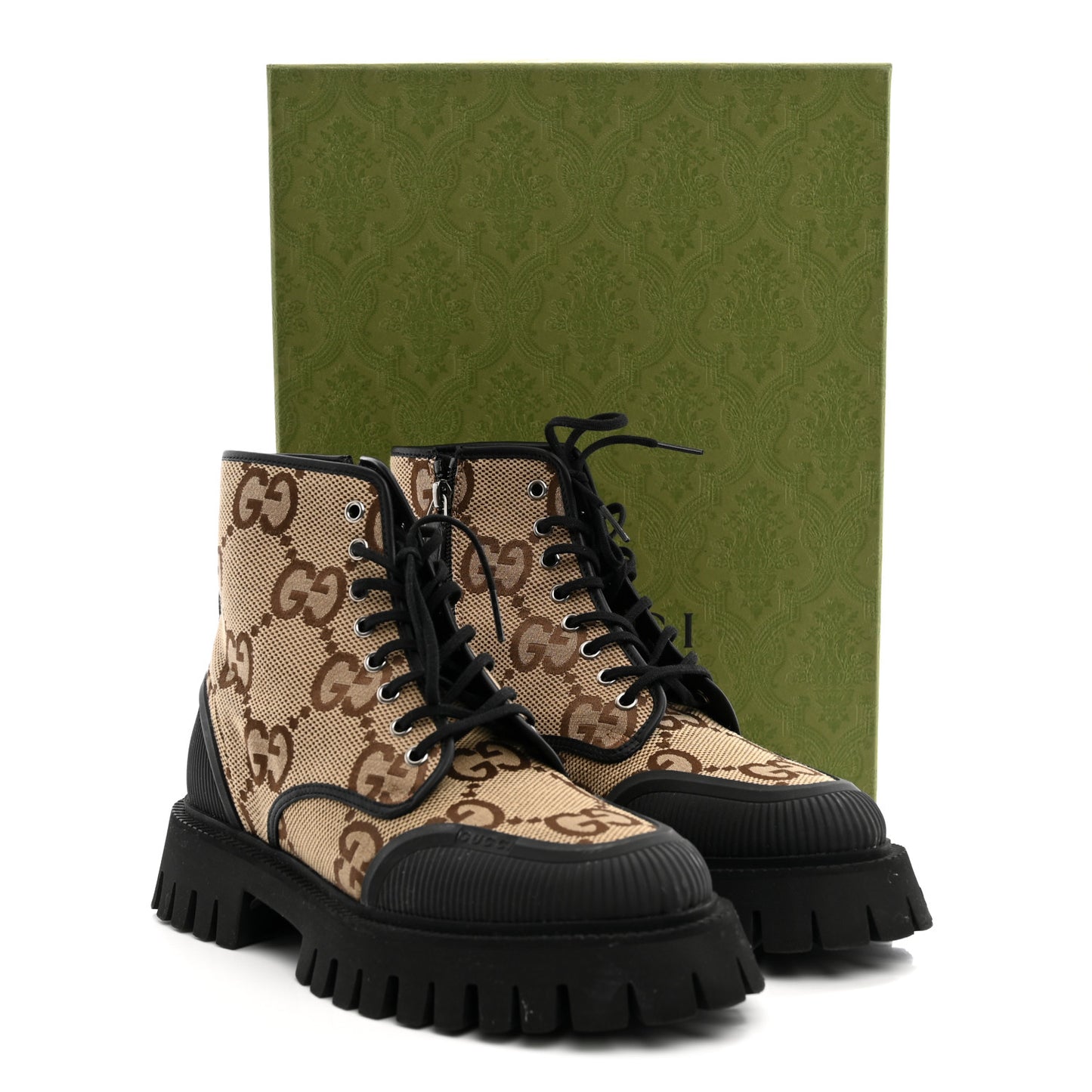 Monogram Jumbo GG Miro Soft Calfskin Mens Lace Up Combat Boots 8 Camel Ebony Black