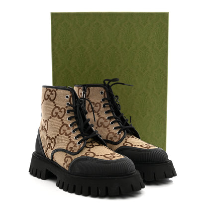 Gucci Monogram Jumbo GG Miro Soft Calfskin Mens Lace Up Combat Boots 8 Camel Ebony Black 11 of 11
