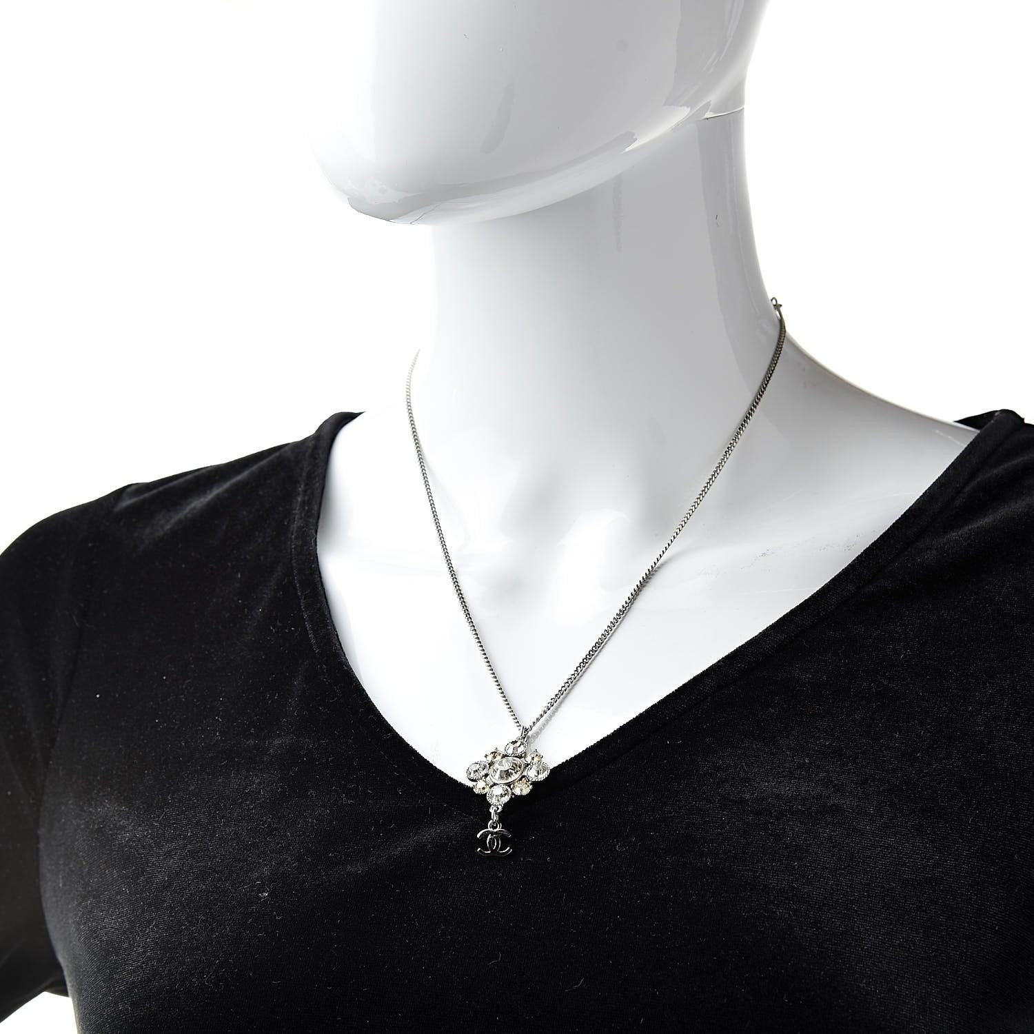 Chanel Crystal CC Drop Pendant Necklace Silver 2 of 5