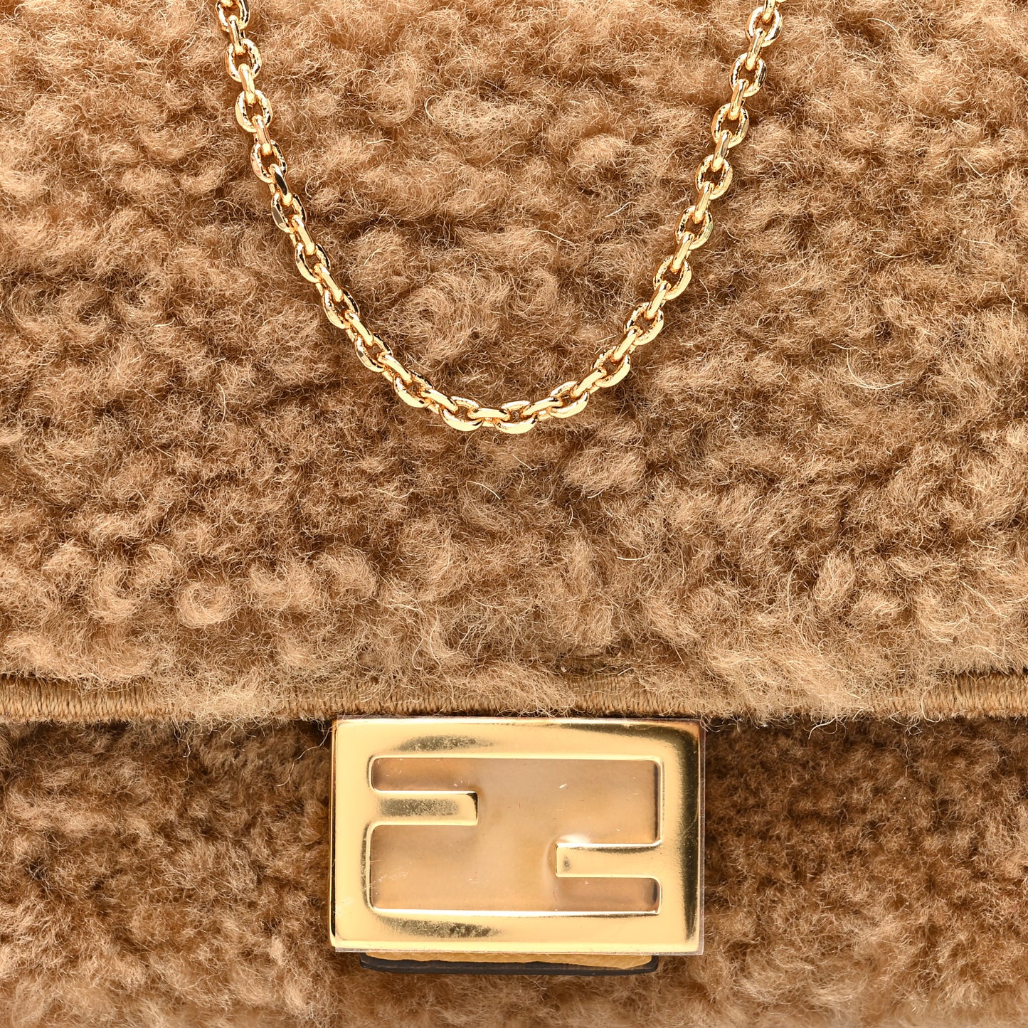 Curly Shearling Shiny Nappa Nano Baguette Charm Camel
