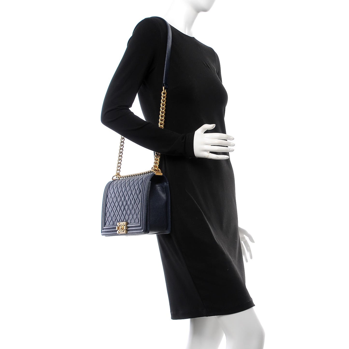Caviar Quilted New Medium Boy Flap Dark Navy Blue