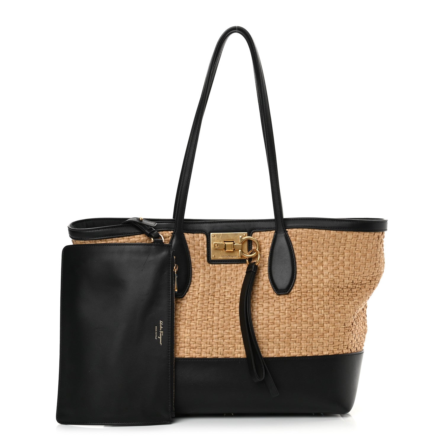 Salvatore Ferragamo Woven Raffia Calfskin The Studio Tote Beige Black 1 of 19