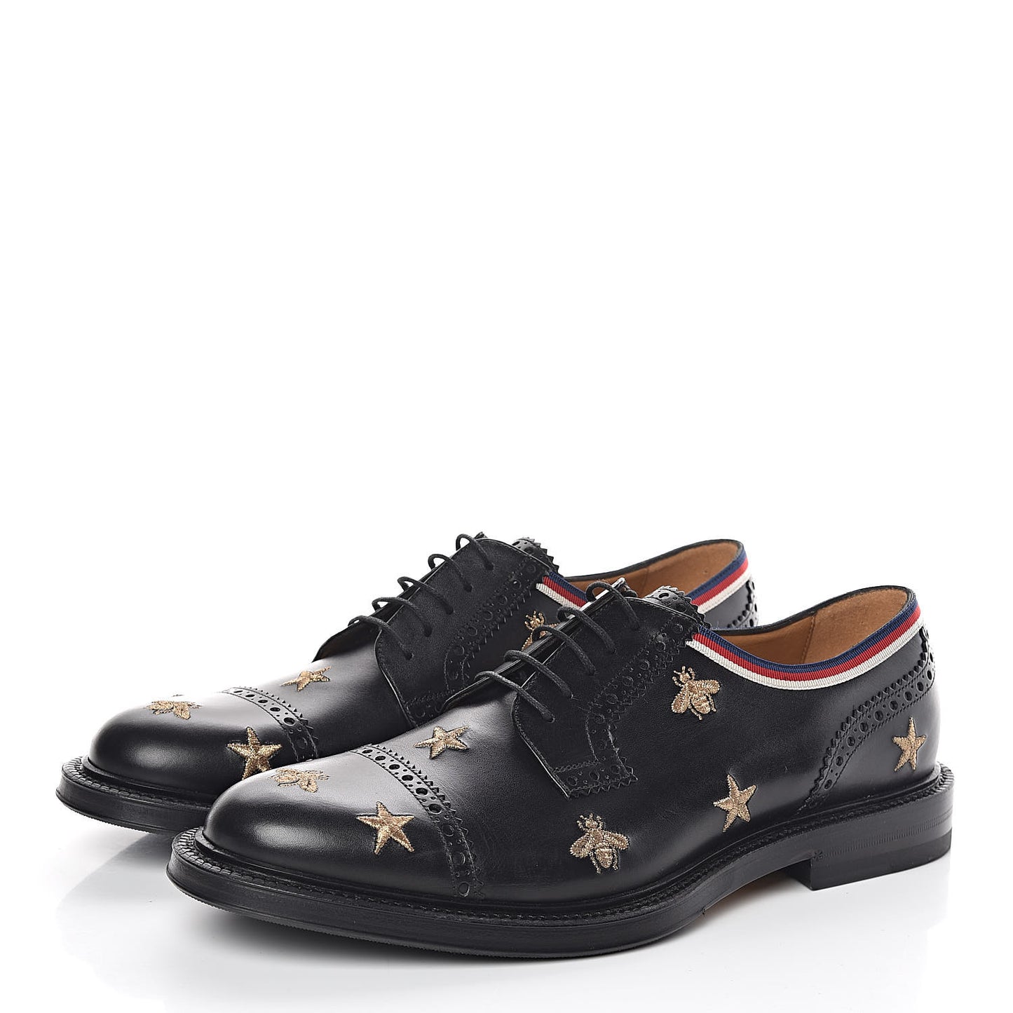 Calfskin Bee Star Embroidered Mens Captoe Derby Loafers 9 Black