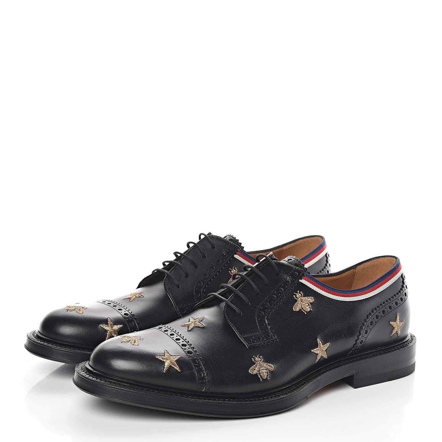 Gucci Calfskin Bee Star Embroidered Mens Captoe Derby Loafers 9 Black 3 of 8