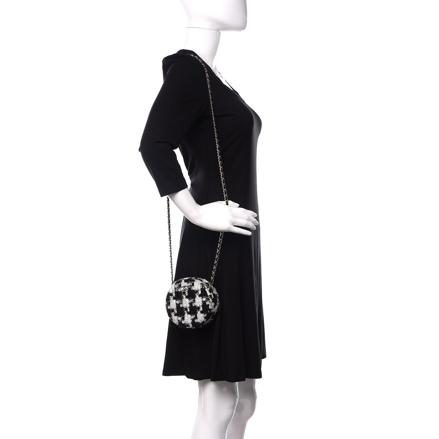 Tweed Round Clutch With Chain Black White