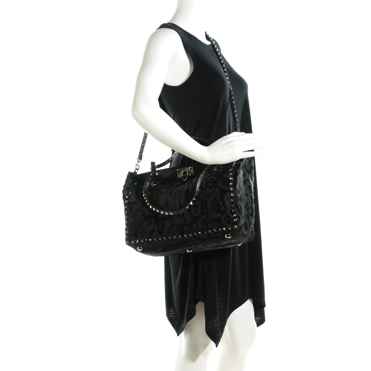 Calf Hair Cavino Etched Rockstud Tote Black