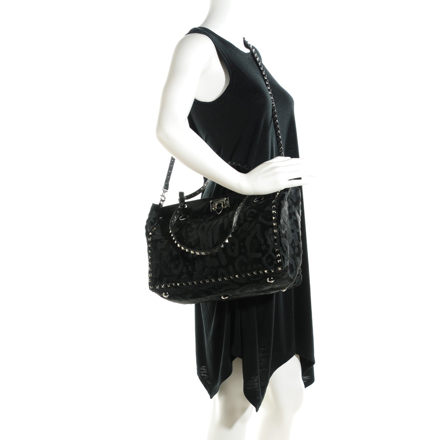 Valentino Garavani Calf Hair Cavino Etched Rockstud Tote Black 4 of 16
