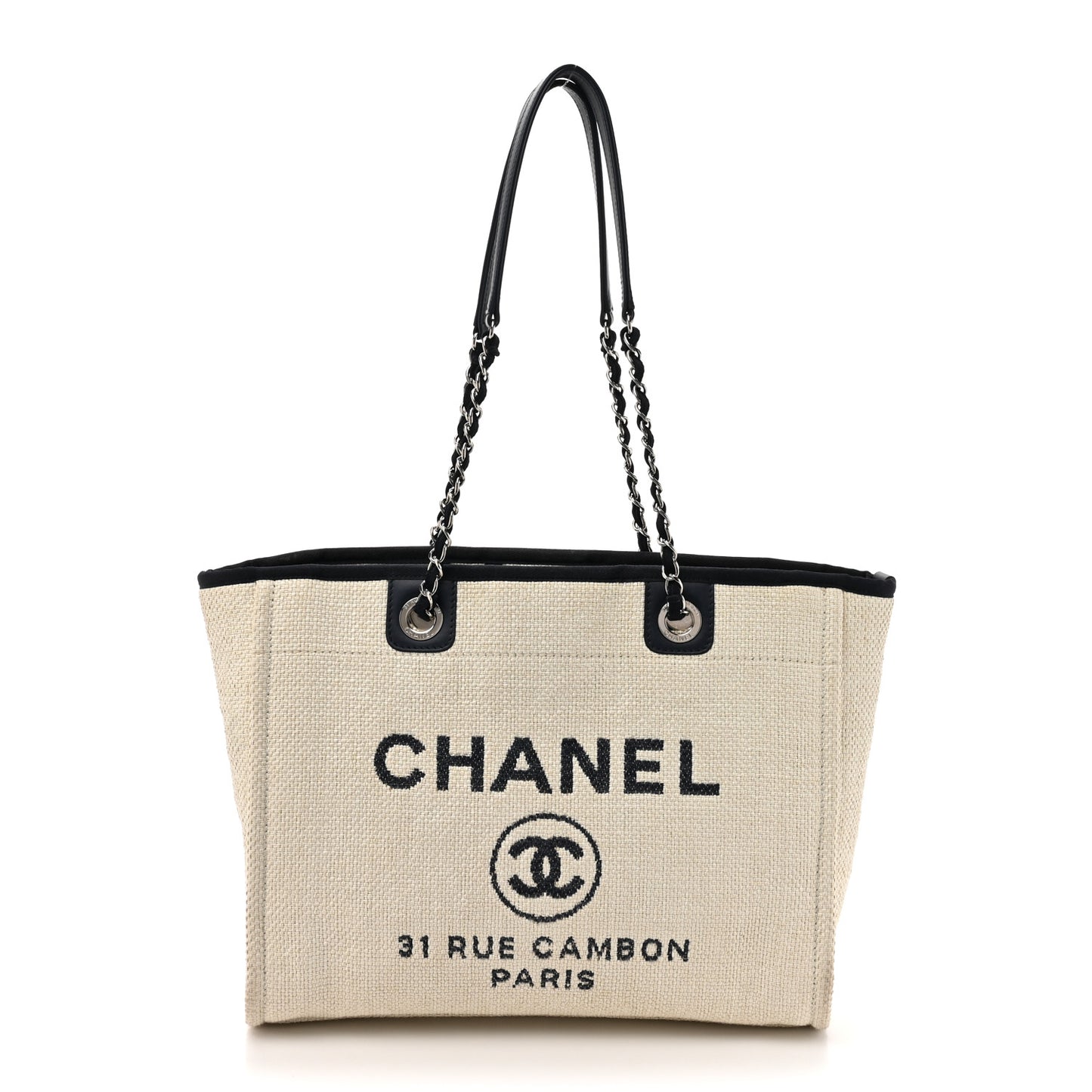 Woven Straw Raffia Small Deauville Tote White Navy