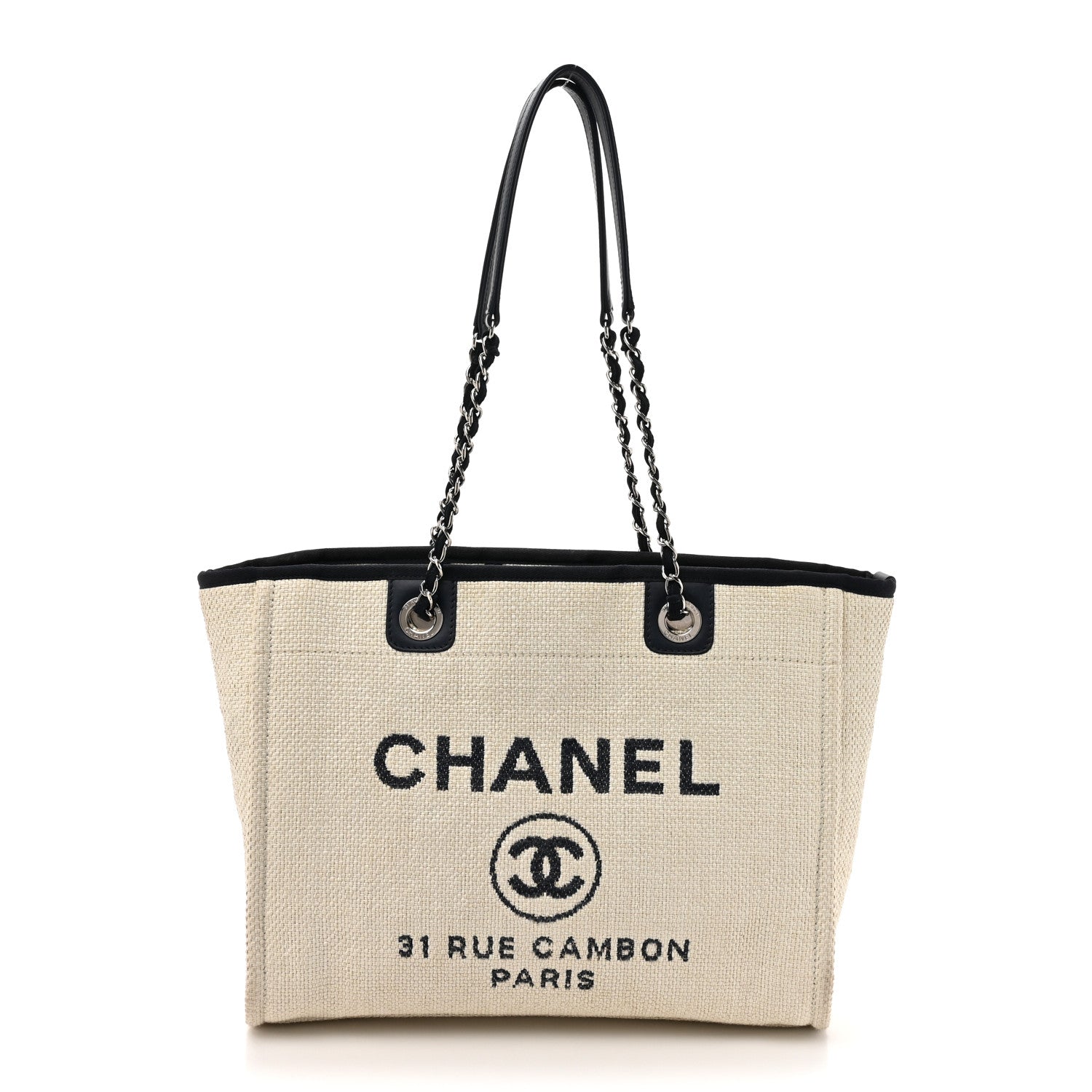 Chanel Woven Straw Raffia Small Deauville Tote White Navy 1 of 10