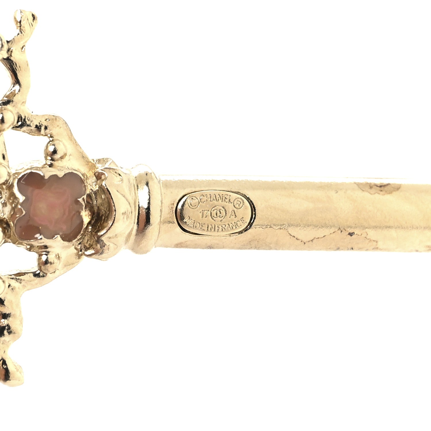Chanel Gripoix Poured Glass Pearl Key Brooch Gold Pink 3 of 4