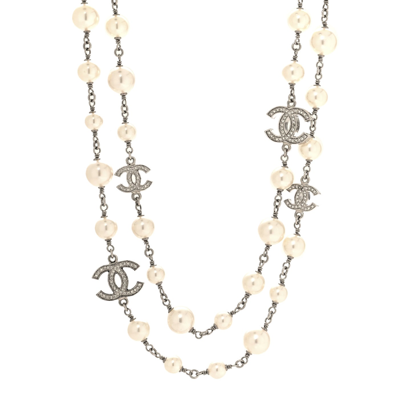 Graduated Pearl Crystal CC Long Necklace Silver