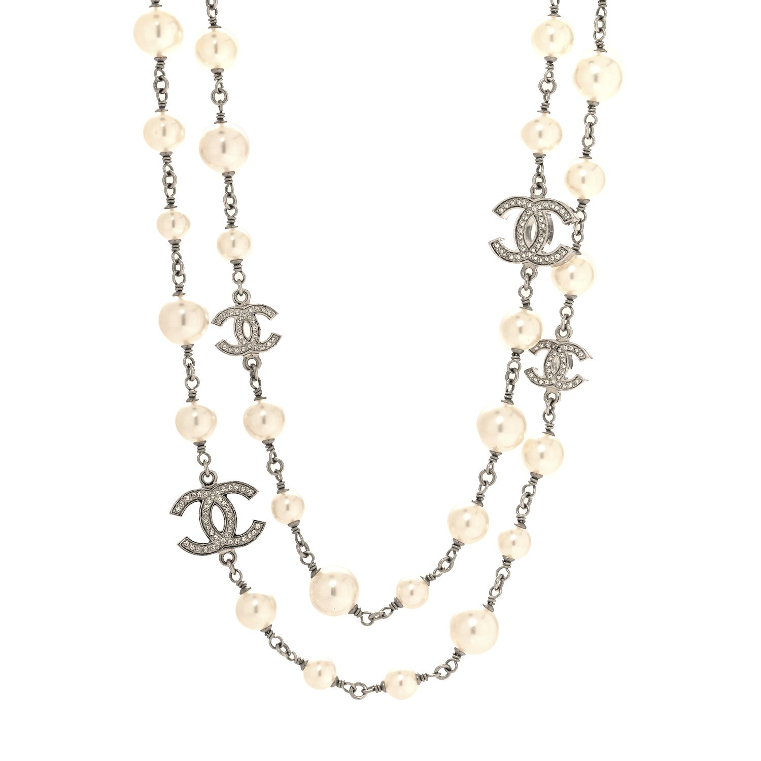 Chanel Graduated Pearl Crystal CC Long Necklace Silver 1 of 5